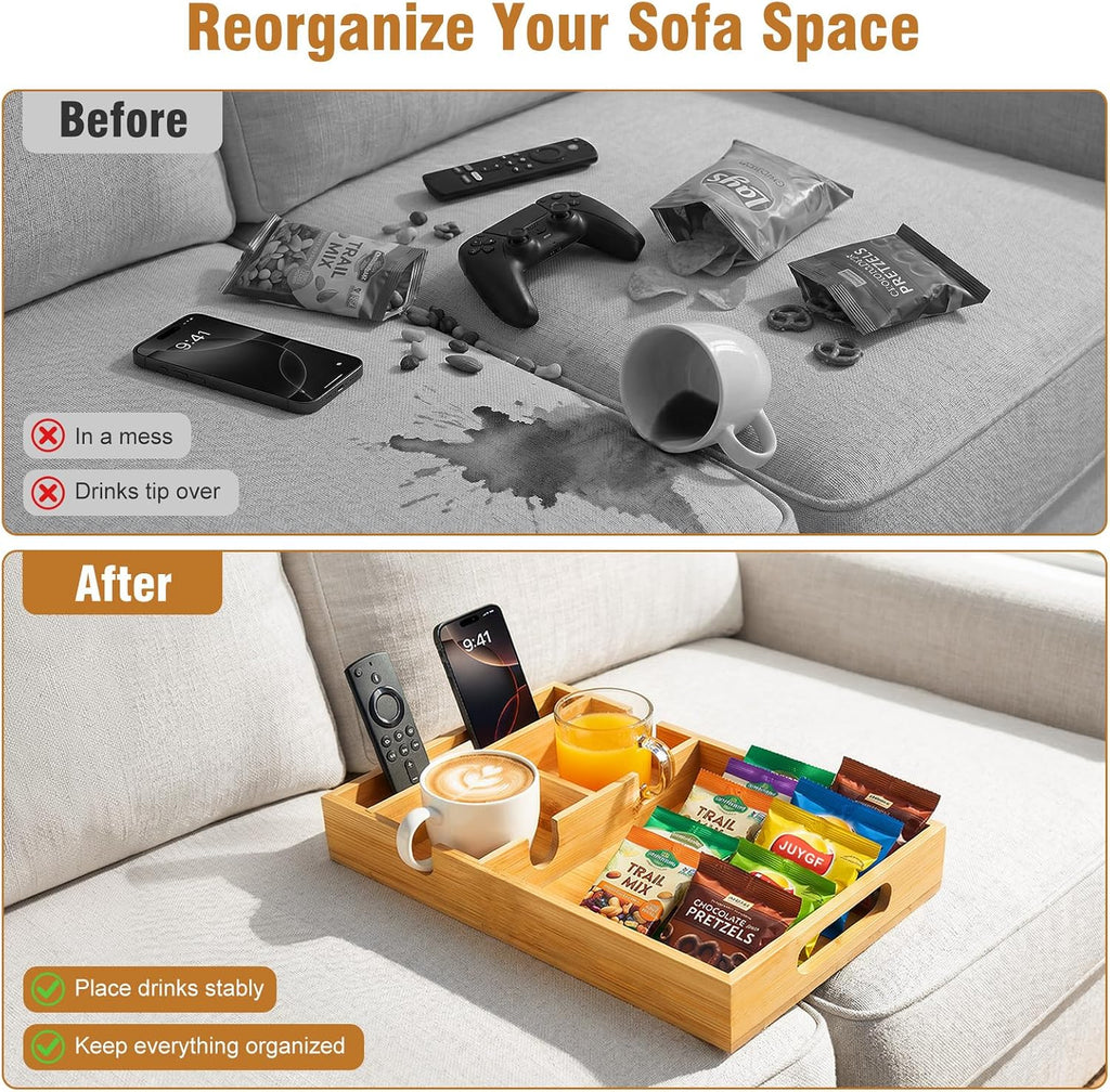 Couch Tray Insert for Middle Seat, Couch Table with 2 Cup Holders | Fits Armless Sofa & Sectionals, Sofa Armrest Organizer for Snacks, Drinks, Remotes, Phones, Bamboo