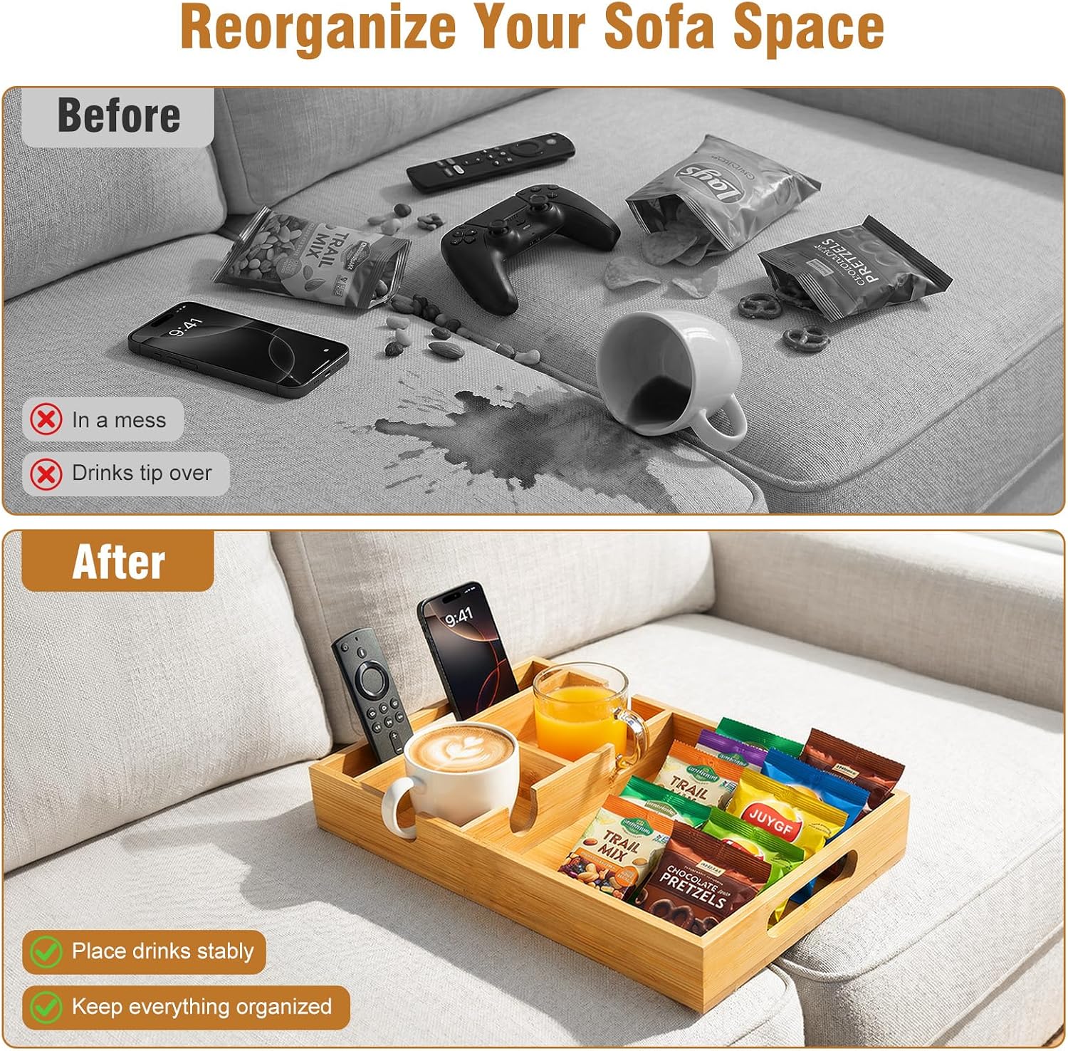 Couch Tray Insert for Middle Seat, Couch Table with 2 Cup Holders | Fits Armless Sofa & Sectionals, Sofa Armrest Organizer for Snacks, Drinks, Remotes, Phones, Bamboo