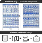 Waterproof Outdoor Rug 6x9ft, Bohemia Reversible Plastic Straw Mat for Patio RV Deck Porch Backyard Balcony Camping Picnic Beach Indoor Outdoor Carpet, Blue&White