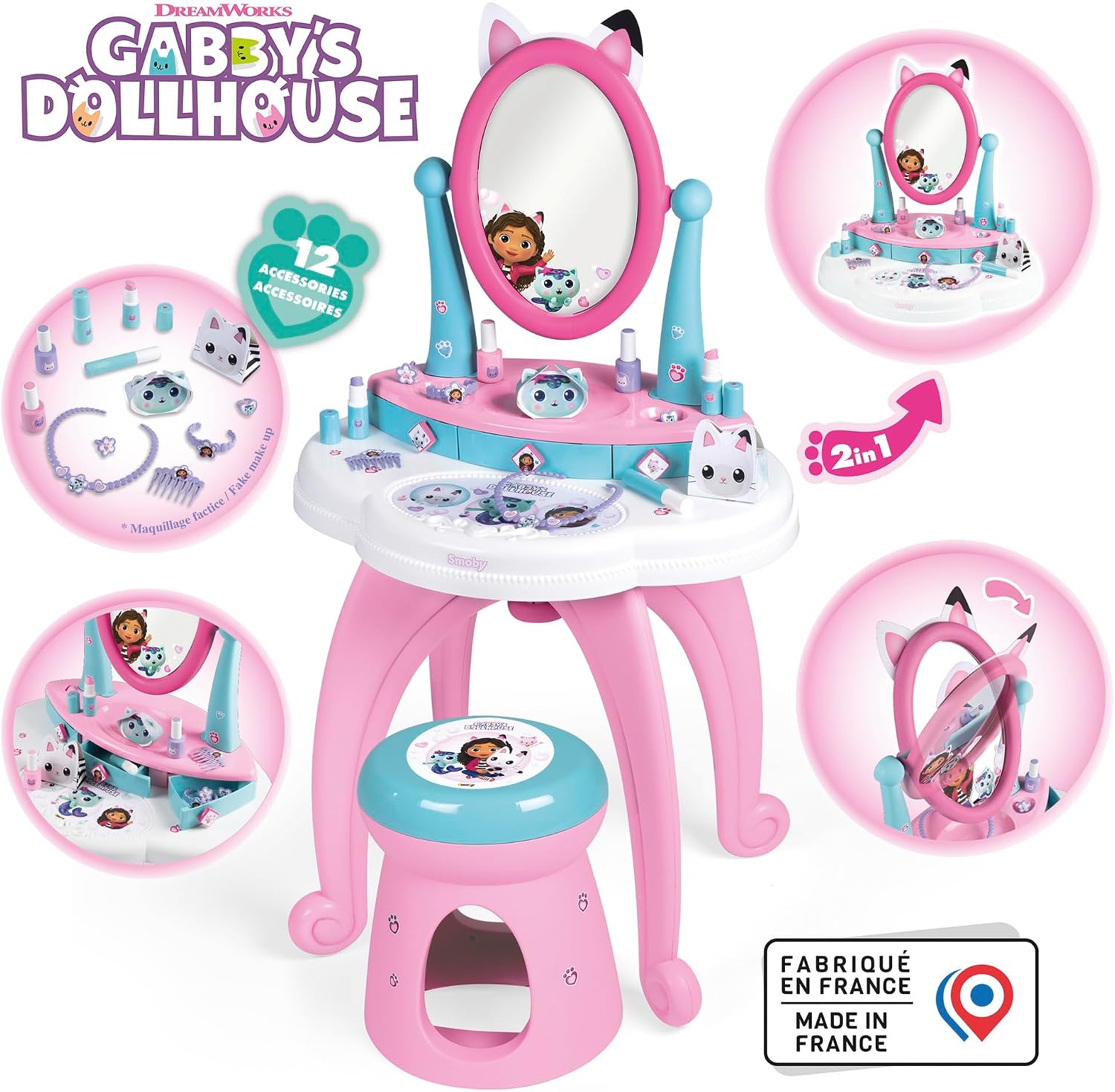 Smoby - Gabby et la Maison Magique - 2-in-1 Dressing Table - Stool + 12 Dummy Accessories Included - Adjustable Mirror - Suitable for Ages 3 and Above - Made in France