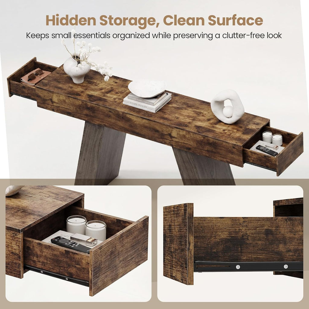 Kikihouse 63-Inch Long Console Table w/Storage Drawers, Wood Grain Sofa Table Behind Couch, for Entryway, Entrance, Hallway, Foyer, Living Room (Rustic Brown + Charcoal)