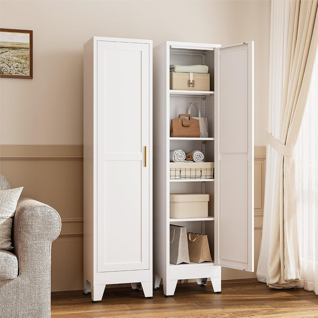 YAUWOH White Narrow Metal Storage Cabinet, Tall Freestanding Cabinet with 4 Adjustable Shelves & Barn Doors, Pantry Organizer for Bathroom Kitchen Home Office Dining Room（1PC,White）