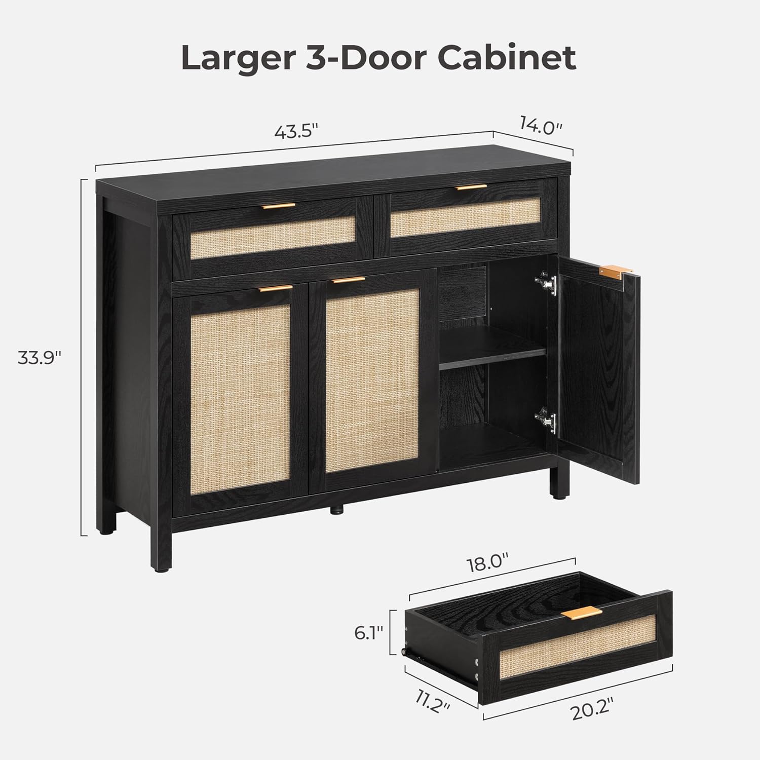 SICOTAS Rattan Sideboard Buffet Cabinet with Storage, Boho Credenza Accent Cabinet with 3 Doors and 2 Drawers, Farmhouse Console Coffee Bar for Kitchen, Living Room, and Entryway, Black Oak