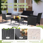 Greesum Patio Furniture 4 Pieces Conversation Sets Outdoor Wicker Rattan Chairs Garden Backyard Balcony Porch Poolside loveseat with Cushion and Glass Table, Black and Beige
