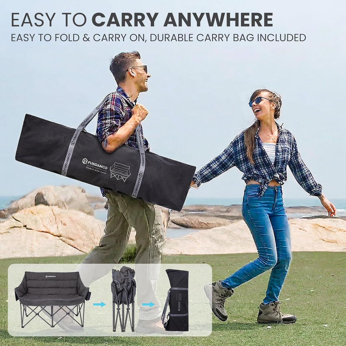 FUNDANGO Double Camping Chair, Oversized Padded Camping Loveseat for Adults, Heavy Duty Folding Camping Couch for 2 Person, Portable Outdoor Sofa with Cup Holders for Lawn, Sports, RV, Grey