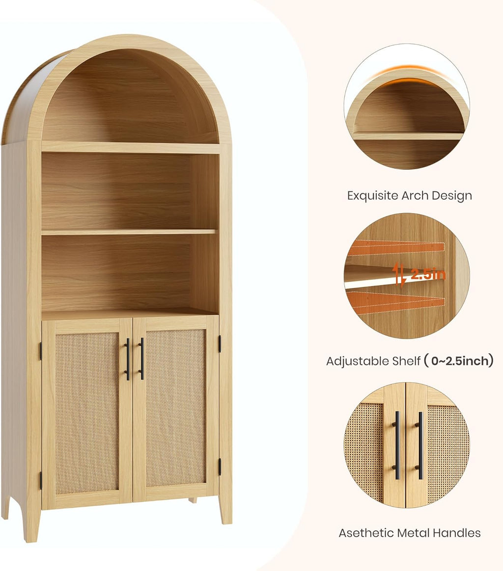 Garvee Arched Kitchen Pantry Storage Cabinet - 5-Tier Open Display Shelf with Rattan Decor, Farmhouse Storage Cabinet for Kitchen, Dining Room, Living Room, Natural