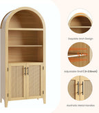 Garvee Arched Kitchen Pantry Storage Cabinet - 5-Tier Open Display Shelf with Rattan Decor, Farmhouse Storage Cabinet for Kitchen, Dining Room, Living Room, Natural