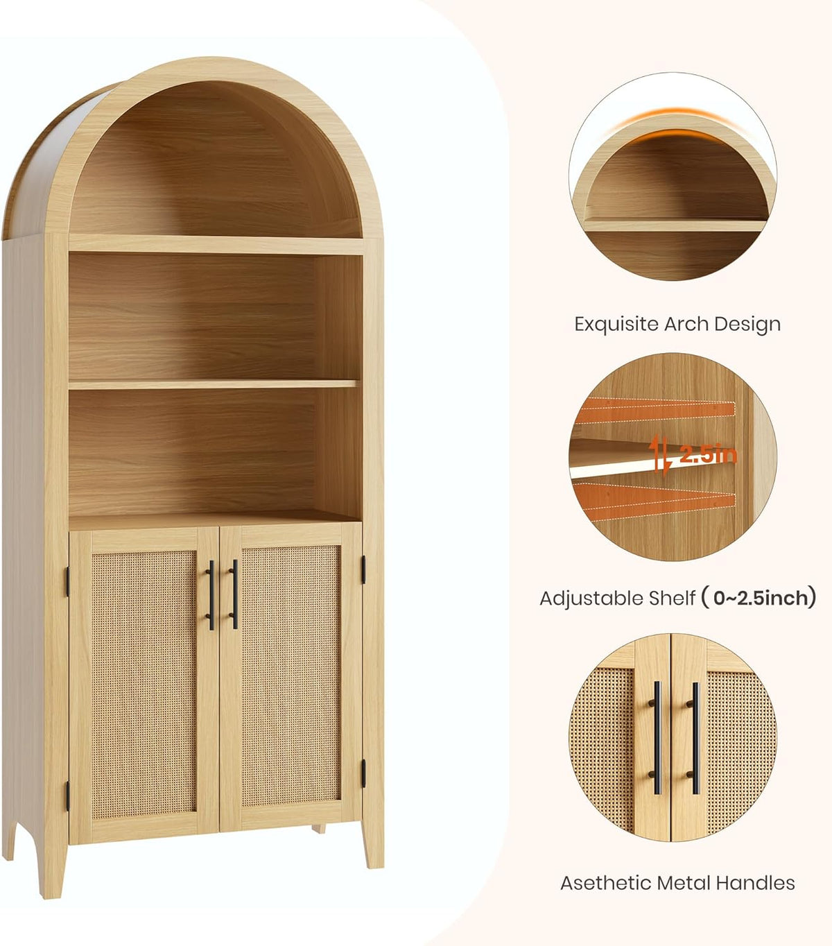 Garvee Arched Kitchen Pantry Storage Cabinet - 5-Tier Open Display Shelf with Rattan Decor, Farmhouse Storage Cabinet for Kitchen, Dining Room, Living Room, Natural
