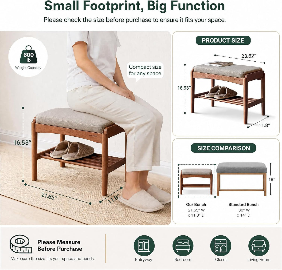 Solid Wood Shoe Bench, 24 Inch Entryway Bench with Gray Cushion | Rich walnut finish with soft gray cushion creates a warm modern seating piece for entryways and living spaces.