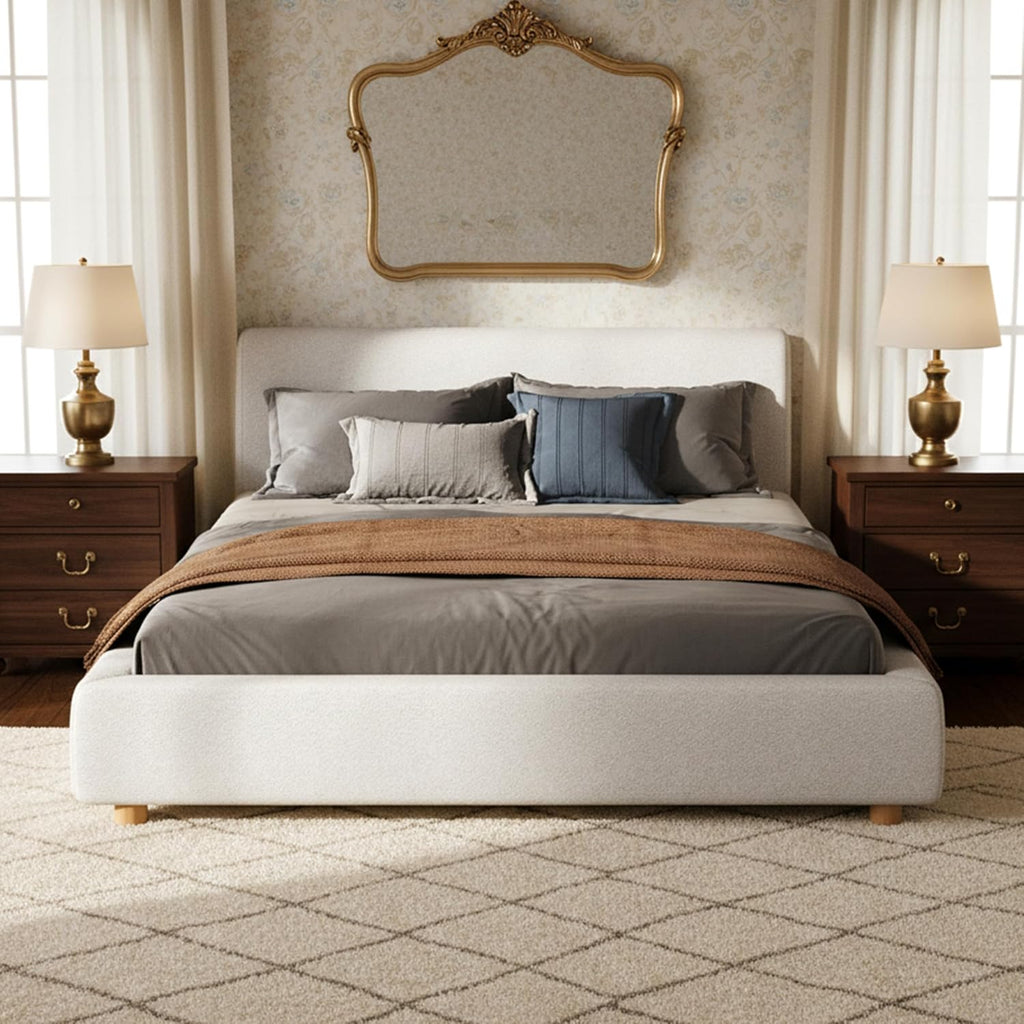 Merax Queen Size Boucle Upholstered Platform Bed Frame with Headboard,Modern Soft Fabric for Bedroom with Wood Slats Support for Bedroom