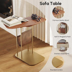 LOVEDIMA C-Shaped Walnut & Gold Rotating Side Table with Storage - 360° Swivel Top,Built-in Magazine Rack,Modern End Table for Sofa/Bedside