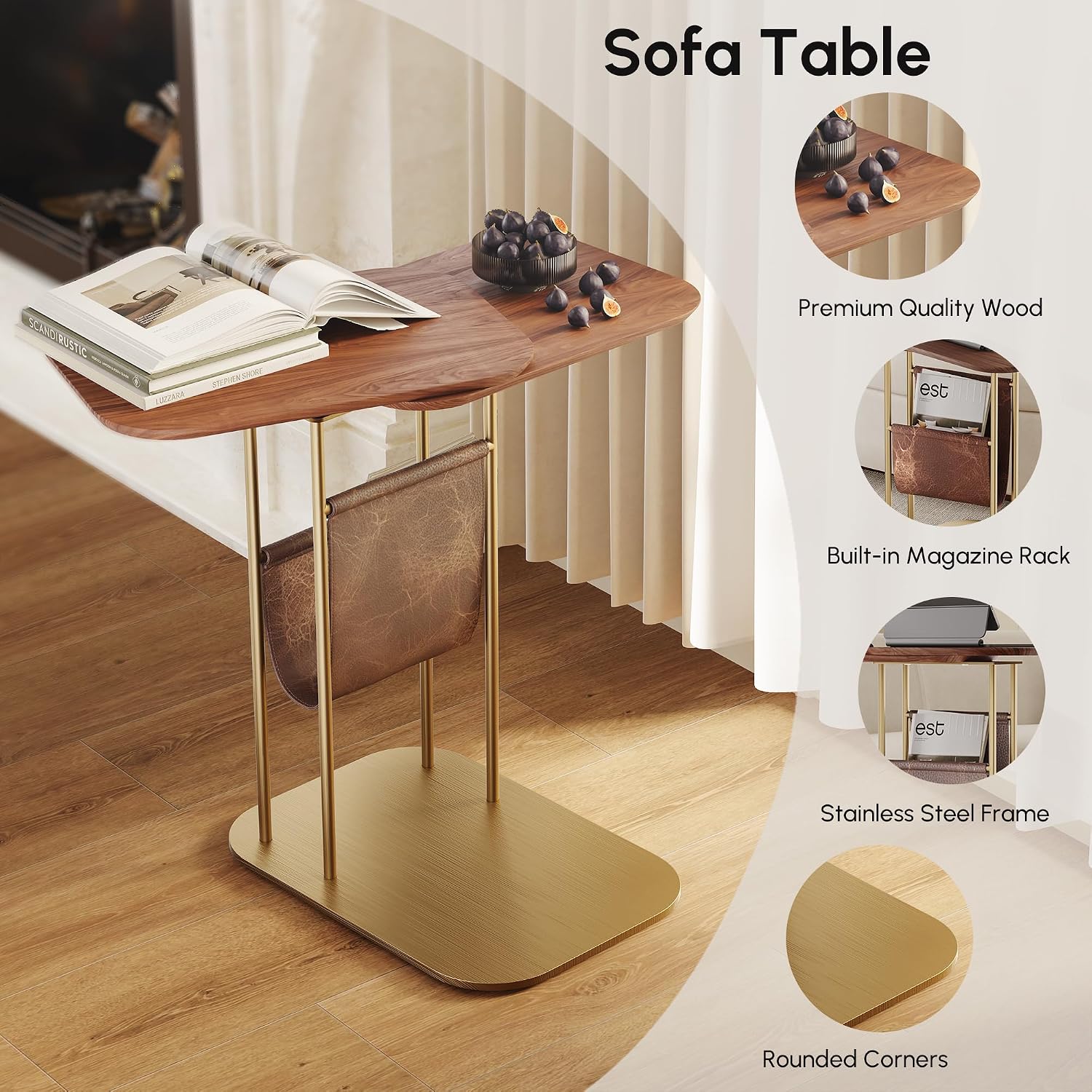 LOVEDIMA C-Shaped Walnut & Gold Rotating Side Table with Storage - 360° Swivel Top,Built-in Magazine Rack,Modern End Table for Sofa/Bedside