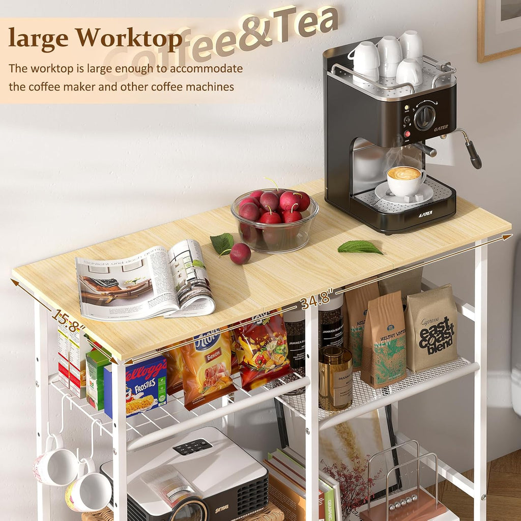 ThreeHio Kitchen Island cart with Storage, Mobile Kitchen Cart with 4 Hooks and Adjustable Shelf on Wheels, Rolling Microwave Stand Coffee Bar Baker's Rack Utility Cart for Kitchen, Dinning Room,White