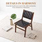 Woven Leather Dining Chairs Set of 2, Mid Century Modern Solid Wood Dining Room Chairs with Handwoven Leather Strap Seat, Armless Kitchen Side Chairs for Dining Room, Restaurant, Black