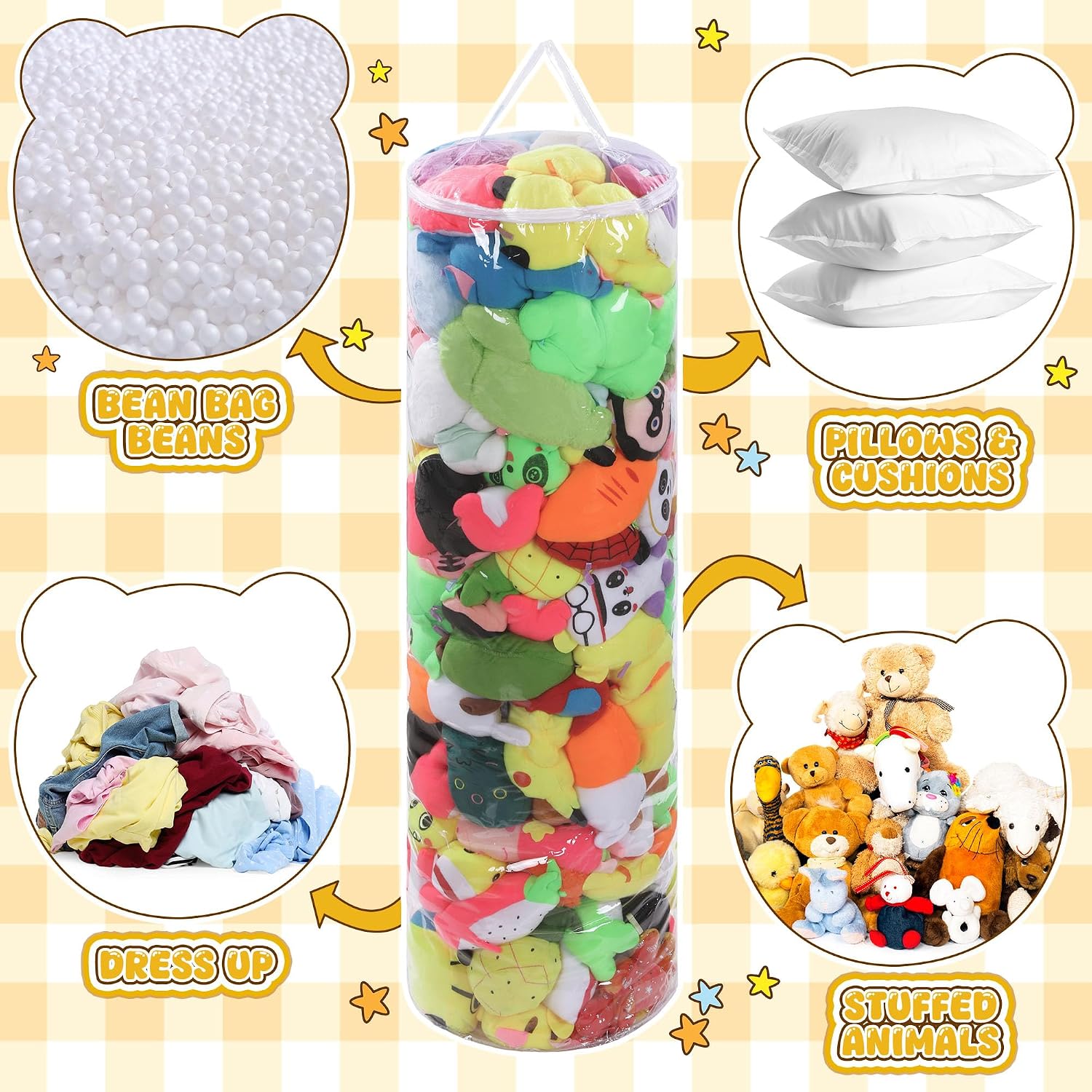 BALAPET Clear Stuffed Animal Bean Bag Cover for Kids,Waterproof PVC Storage Soft Stuff Animal for Organizing Toddler & Children Rooms,Portable Cylinder Bag to Sit, Play & Box(47.2x13.8x13.8in)