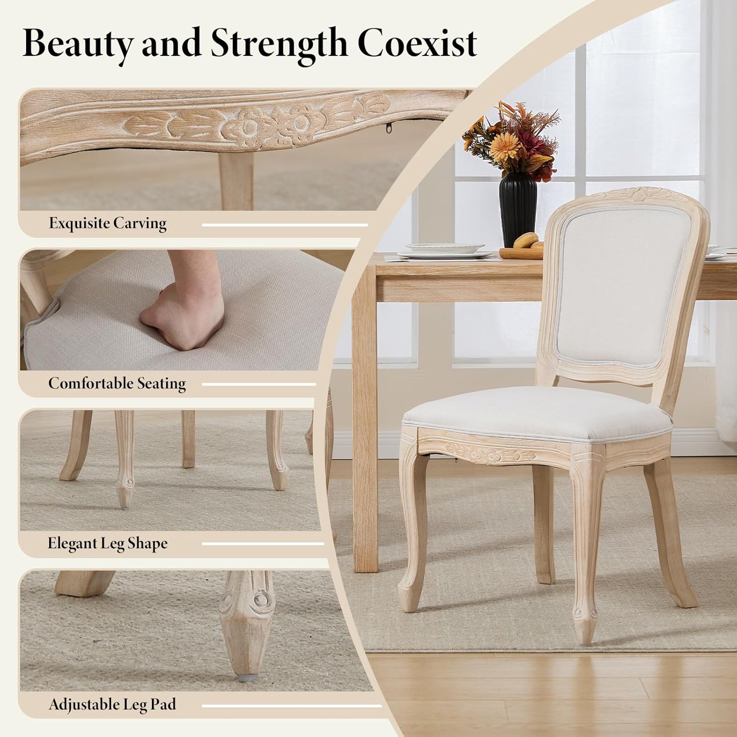 Kmax French Dining Chairs Set of 4, Farbric Upholstered Dining Chairs with Elegant Curved Legs High Back Armless Kitchen Chairs Side Chairs for Dining Room Restaurant - Linen, Beige/Brushed Legs