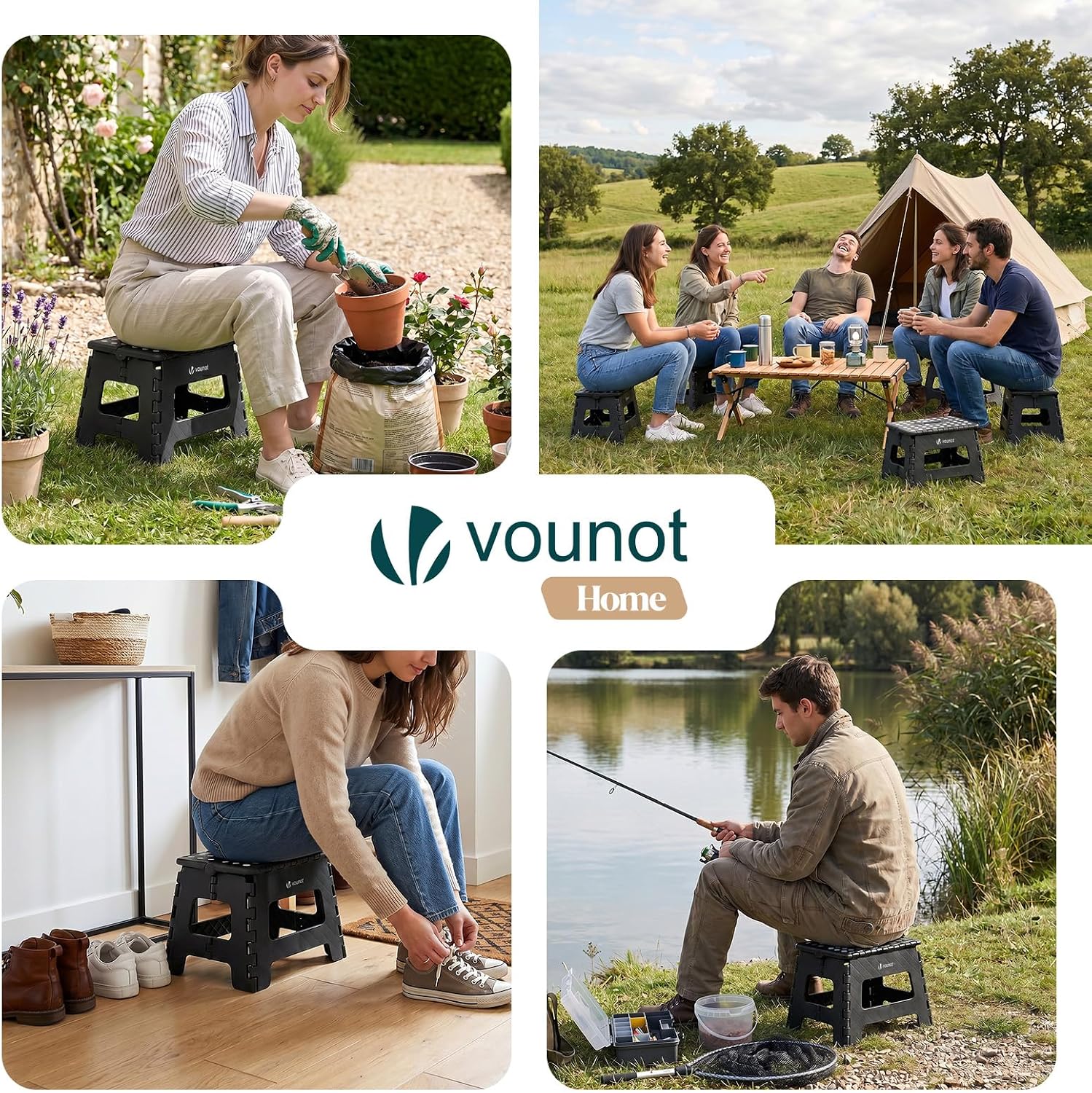 VOUNOT® Folding Step Stool, Portable Stepping Stool with Carrying Handle, Anti-Slip Folding Stool for Bathroom, Garden, Camping, Home, 32 x 25 x 22 cm, Black