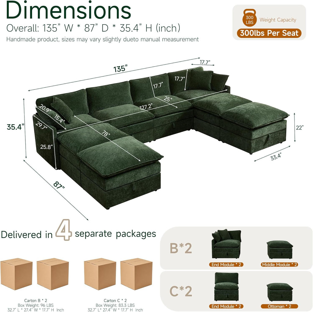 Myroyalsit Modular Sofa with Storage, 135" Sleeper Sofa Bed Sectional Cloud Couch, Oversized Fabric Couch with Movable Ottoman, 8 Seat Modern Deep Seat Sofa for Living Room (Green Chenille)
