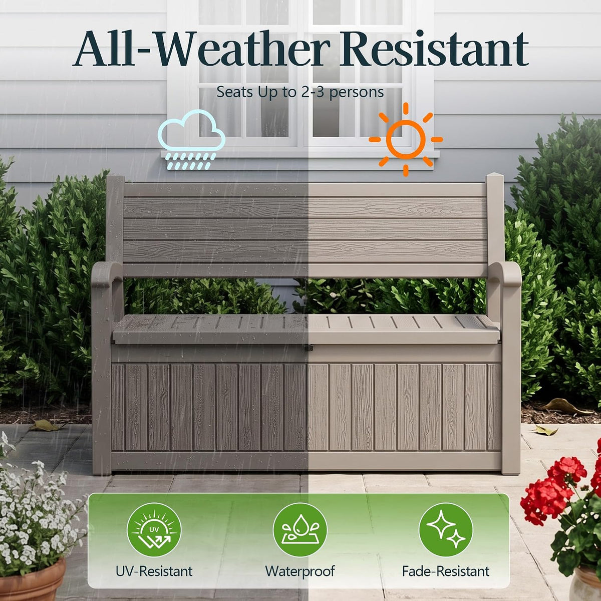 Outdoor Bench with Storage, Waterproof Garden Storage Bench, 100 Gallon Lockable Resin Deck Box, Weatherproof Bench Seating for Patio Yard Cushions Tools, Grey