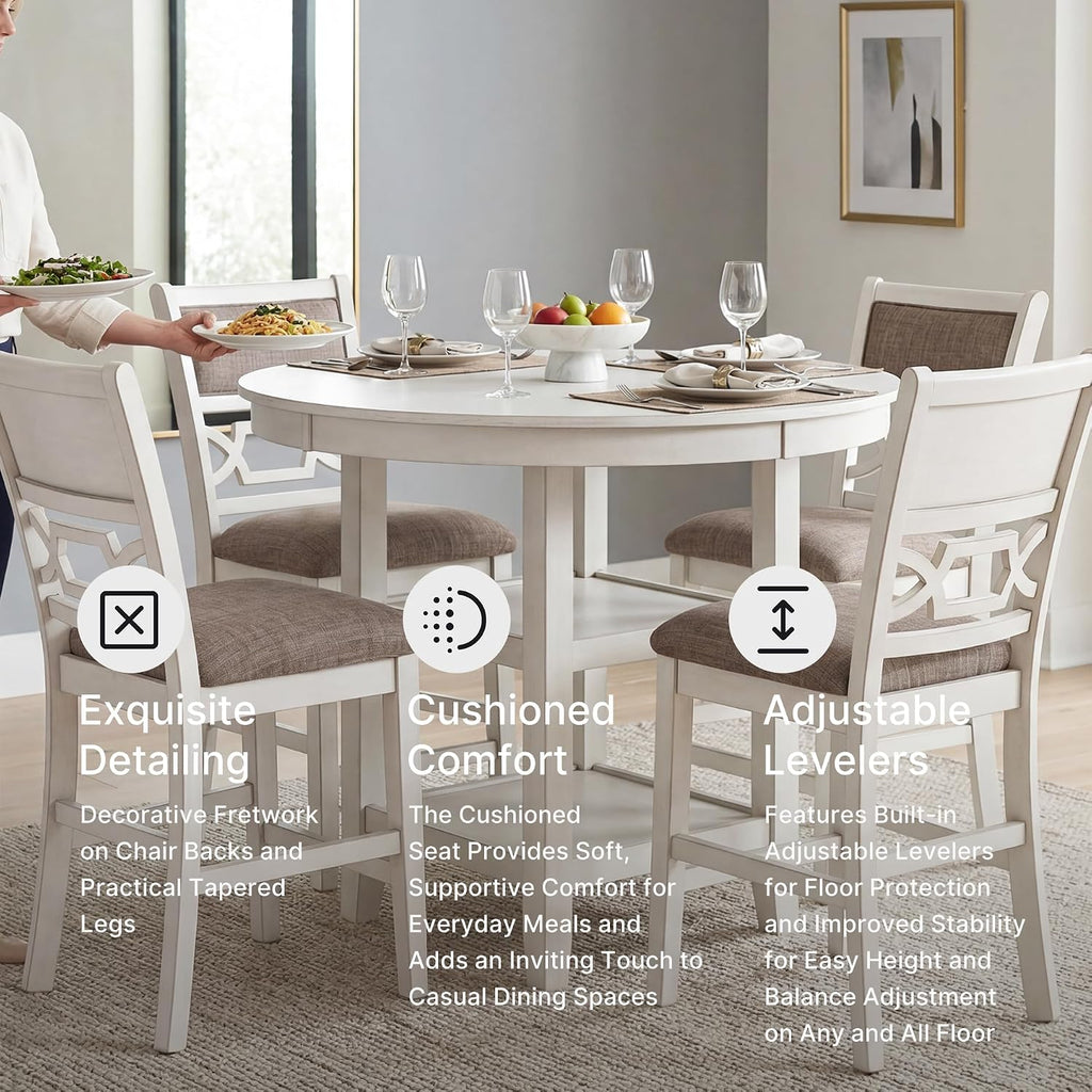 Signature Design by Ashley Round Dining Table Set for 4, Counter Height | 42-inch round table with built-in storage shelves, 4 foam-cushioned light gray barstools, Antique white finish, Erinberg