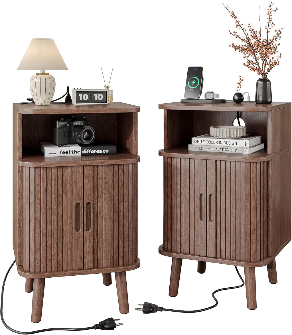 Whalefall Night Stand Set of 2 with Charging Station, Mid Century Modern Fluted End Tables with Cabinet for Living Room, Curved Round Edge Wood Beside Table with Slide Tambour Doors, Walnut