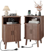 Whalefall Night Stand Set of 2 with Charging Station, Mid Century Modern Fluted End Tables with Cabinet for Living Room, Curved Round Edge Wood Beside Table with Slide Tambour Doors, Walnut