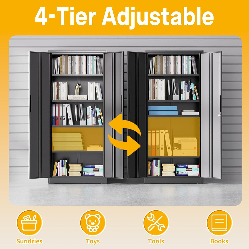 Metal Storage Cabinet with 2 Doors and 4 Adjustable Shelves, 71" Garage Storage Cabinet with Anti-Tipping Design, Lockable Garage Cabinets for Office, Home, Garage, Gym, School