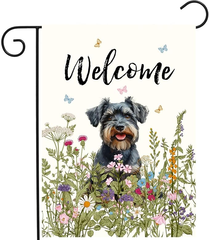 Spring Summer Garden Flag Floral Schnauzer Yard Flag Flower Dog Garden Flags for Outside Small Outdoor Welcome Flags 12x18 Double Sided