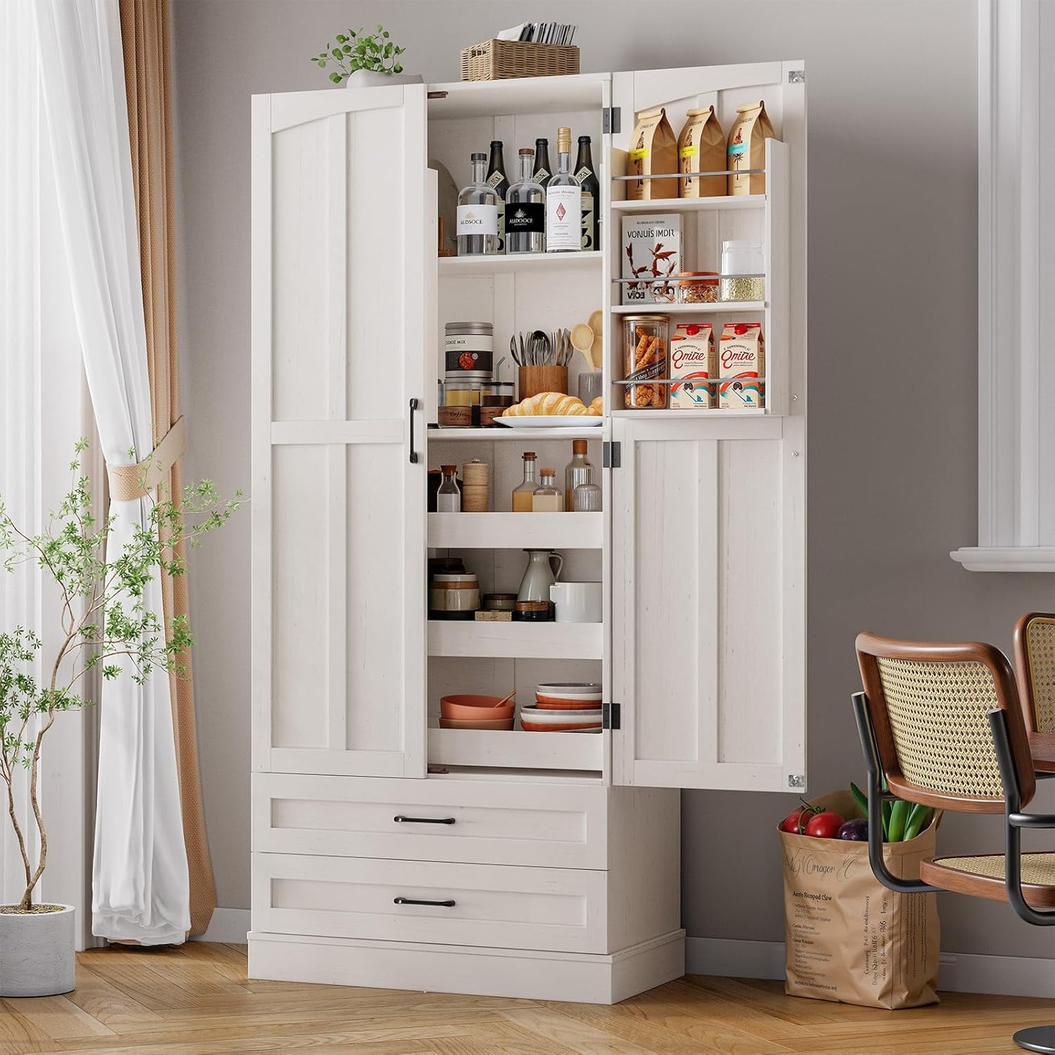 ONBRILL 71" Tall Farmhouse Kitchen Pantry Cabinet with 3 Pull Out Shelves & 2 Large Drawers, Pantry Storage Cabinet with 6 Door Shelf & Adjustable Shelf, Freestanding Cupboard for Kitchen, Dining Room
