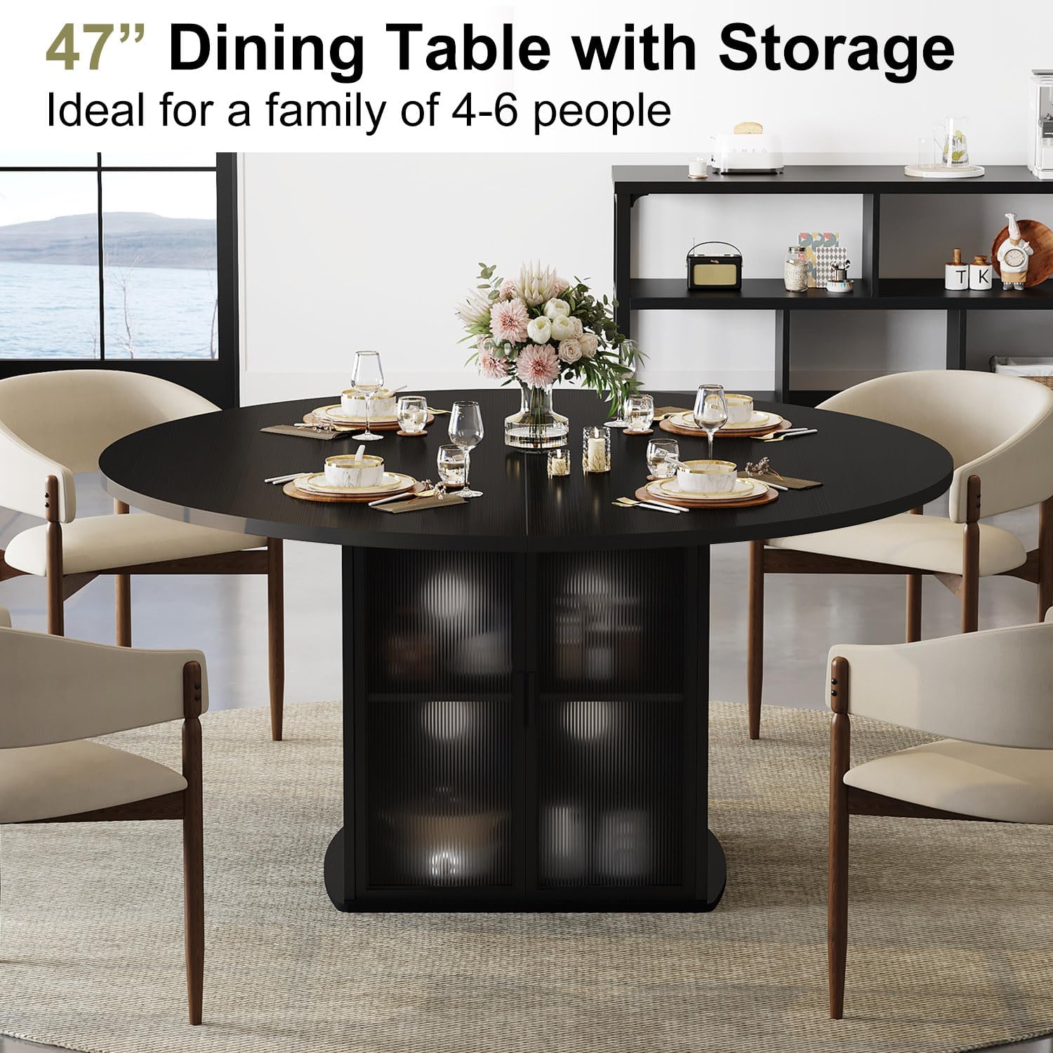 IBF Black Round Dining Table for 4-6, 47" Kitchen Table with Fridge Space, Modern Dining Room Tables with Storage, Industrial Wood Dinner Tables for Home Kitchen Living Room, Black Oak, Only Table
