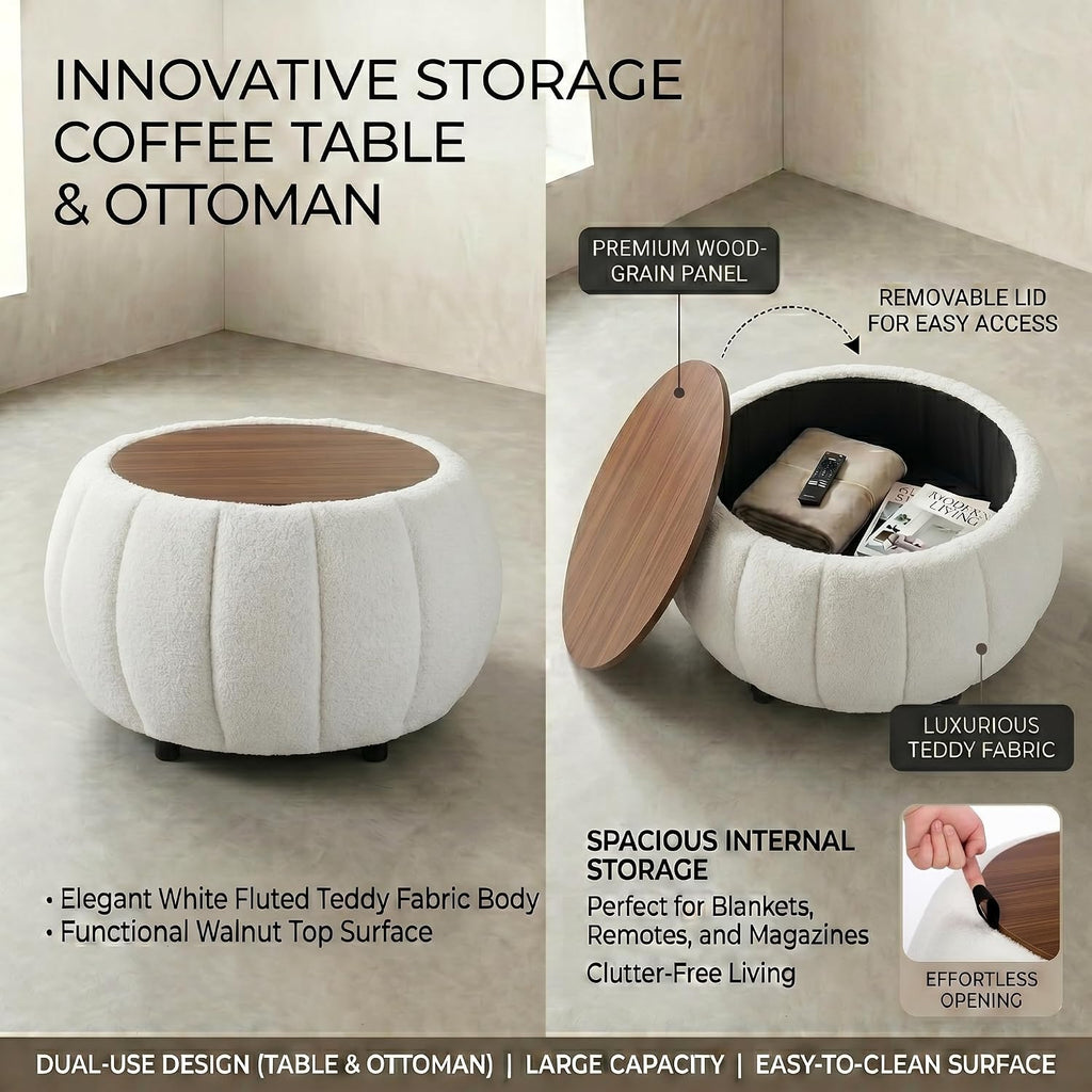 Ottoman Coffee Table for Living Room, Wooden Top Large Storage Ottoman, 30 Inches Round Coffee Table, Pumpkin Shaped Side Table, Multifunctional Teddy Fabric Footstool (White)