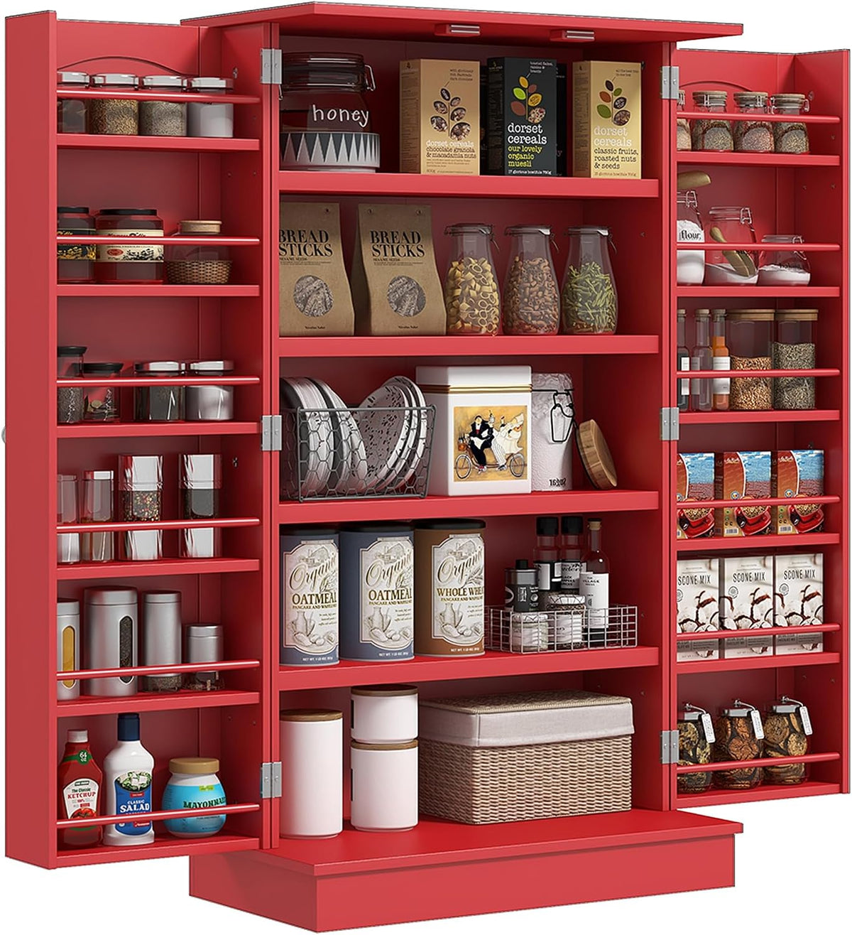 41" Kitchen Pantry Storage Cabinet, Red, with Double Doors, 12 Interior Shelves, Adjustable Shelves for Dishes and Cookbooks
