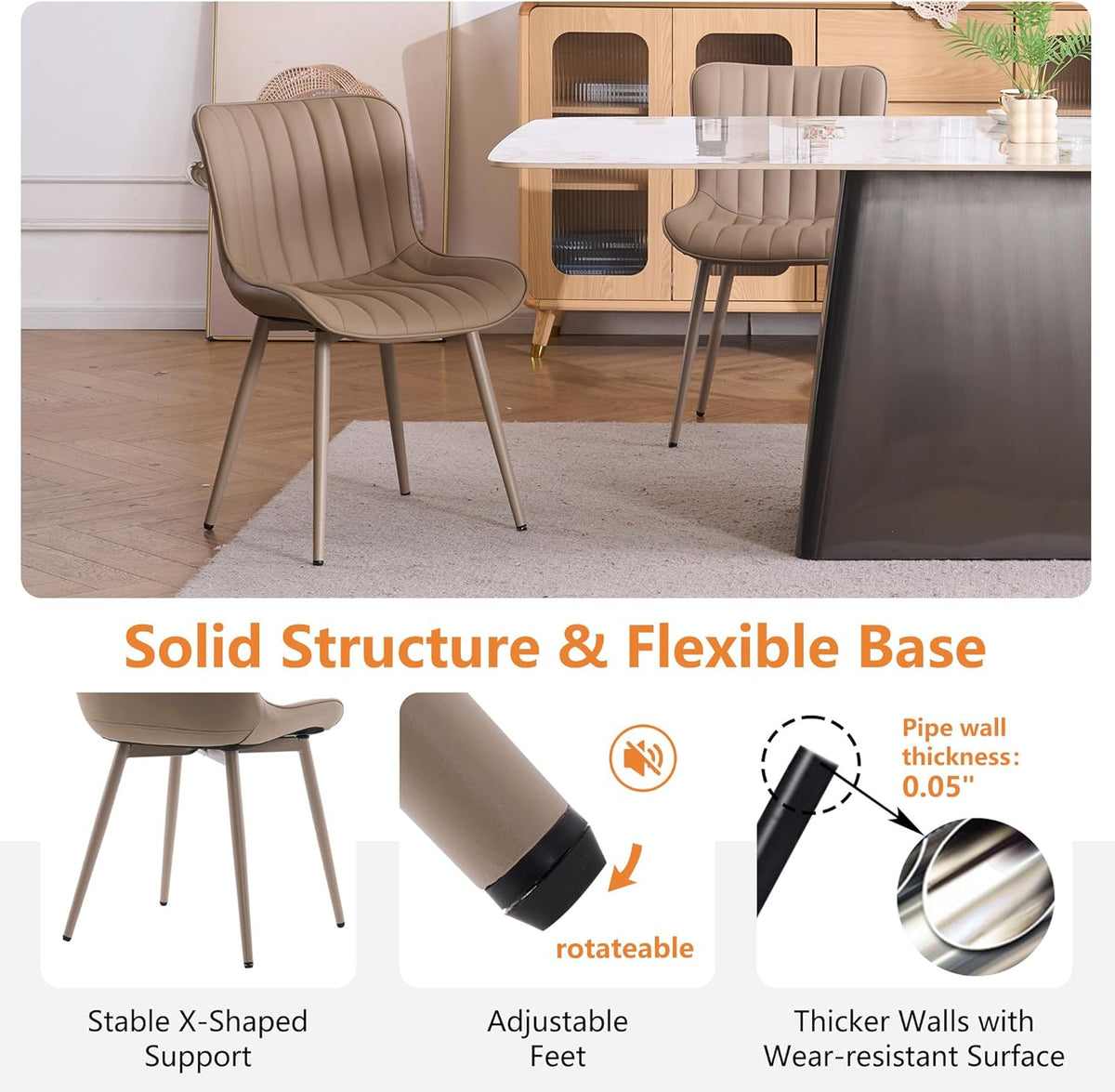 YOUNUOKE Mid-Century Modern Dining Chairs Set of 2, Khaki PU Leather Upholstered Kitchen Chairs with Khaki Metal Legs, Armless Accent Chair for Dining Room, Guest Reception Room