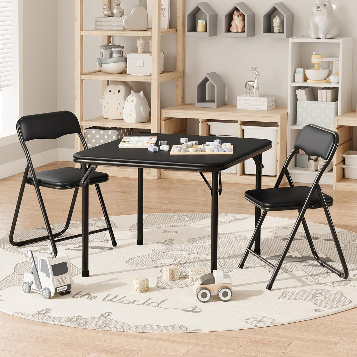 3-Piece Folding Card Table and Chairs Set for Kids, 24 Inch Square Foldable Table with 2 PU Cushion Padded Chairs, Steel Frame Space Saving Set for Game Room, Multipurpose Room, Indoor Use, Black