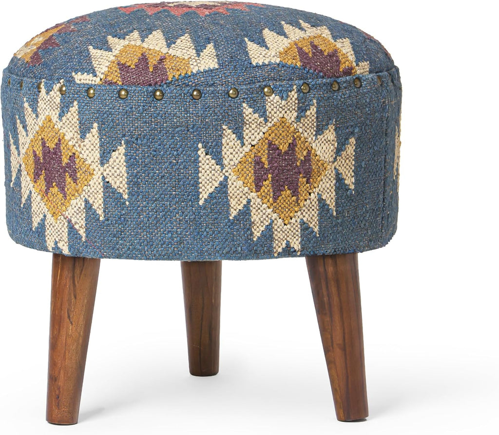 Handmade Kilim Jute Pouf Ottoman Stool | Round Upholstered Seating with Acacia Wood Base | Decorative Foot Rest for Living Room, Bedroom, Hallway, Office & Lounge (Grey)