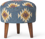 Handmade Kilim Jute Pouf Ottoman Stool | Round Upholstered Seating with Acacia Wood Base | Decorative Foot Rest for Living Room, Bedroom, Hallway, Office & Lounge (Grey)