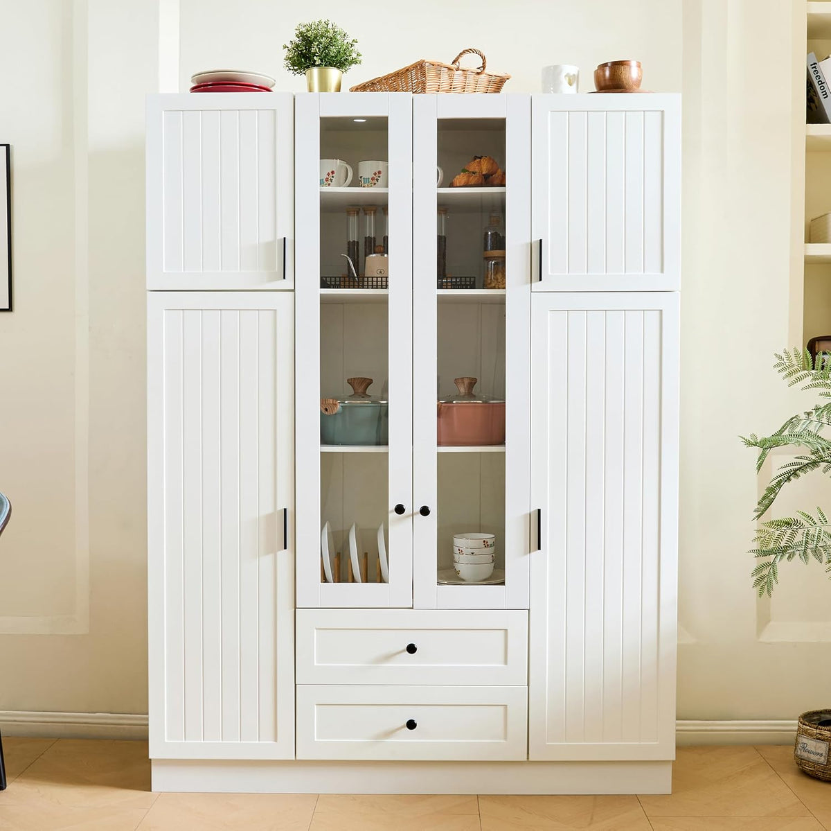 Kitchen Pantry with 6-Door, Drawers, Adjustable Shelves, Pull-Out, White | Spacious 53.2" freestanding sideboard with 6 doors, white finish, ideal for dining area, hallway, or living room display