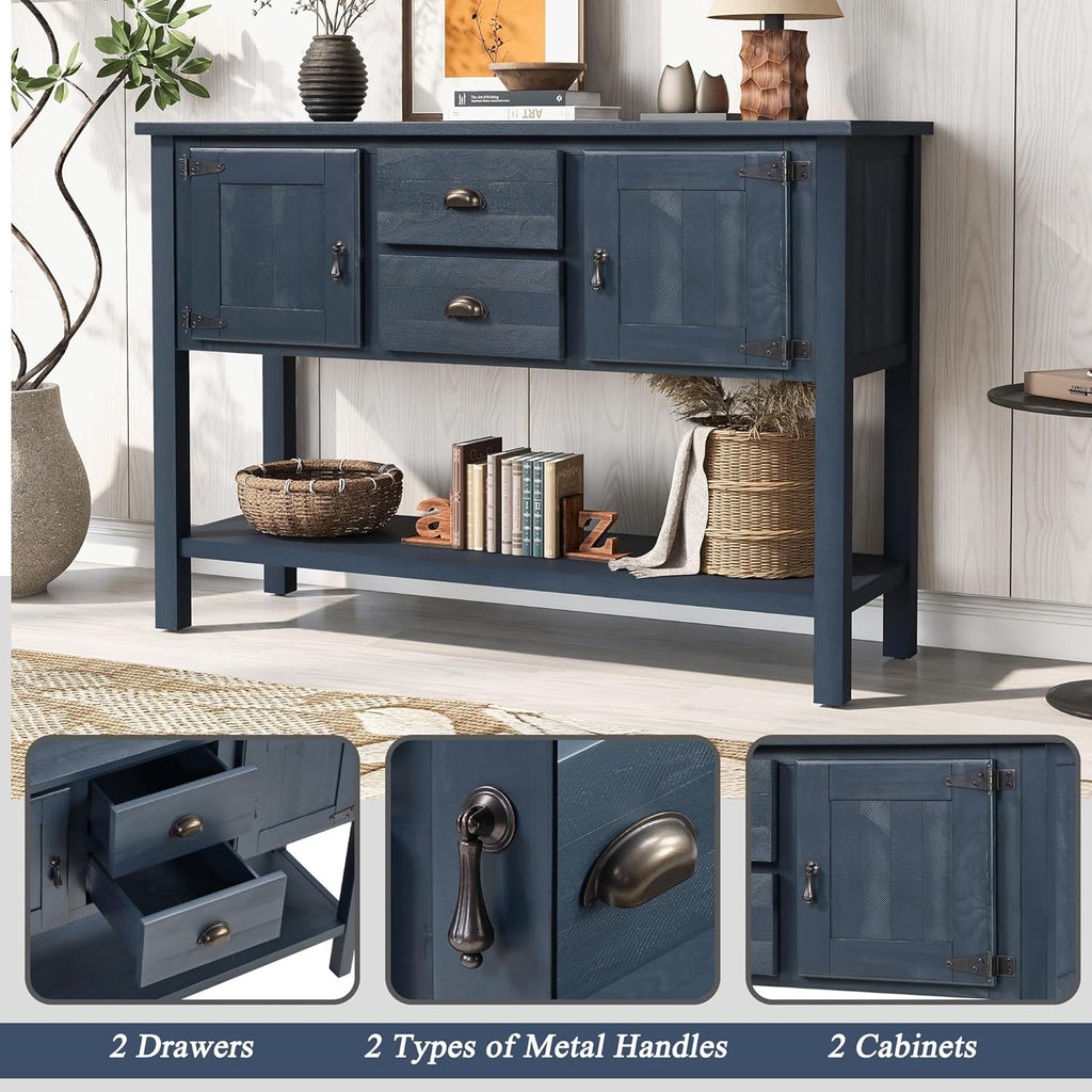 46'' Solid Wood Console Table Sideboard with 2 Drawers and Cabinets and Bottom Shelf, Retro Style Storage Dining Buffet Server Cabinet, for Living Room Kitchen Dining Room (Navy Blue-01)