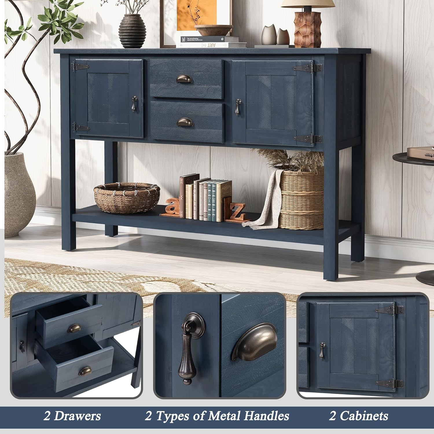 46'' Solid Wood Console Table Sideboard with 2 Drawers and Cabinets and Bottom Shelf, Retro Style Storage Dining Buffet Server Cabinet, for Living Room Kitchen Dining Room (Navy Blue-01)
