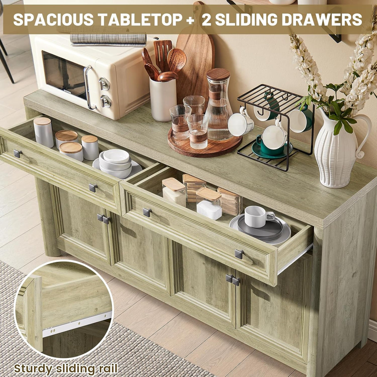 Standifurno Farmhouse Buffet Cabinet with Storage, 59" Large Sideboard Credenza with Adjustable Shelves & 4 Doors, Wood Rustic Kitchen Coffee Bar Console for Table Living Room, Natural