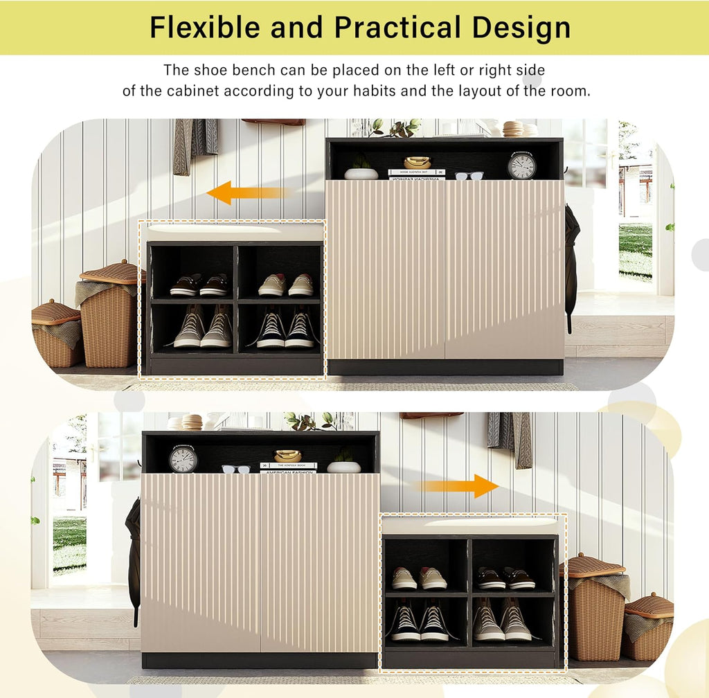 Modern Storage Cabinet with Shoe Bench, 2 Doors and 3-Tier Adjustable Shelves, Entryway Bench with 4 Open Shoe Racks and Removeble Cushion, Console Table with Wavy Slatted Door and Hooks (Beige+Black)