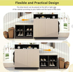 Modern Storage Cabinet with Shoe Bench, 2 Doors and 3-Tier Adjustable Shelves, Entryway Bench with 4 Open Shoe Racks and Removeble Cushion, Console Table with Wavy Slatted Door and Hooks (Beige+Black)