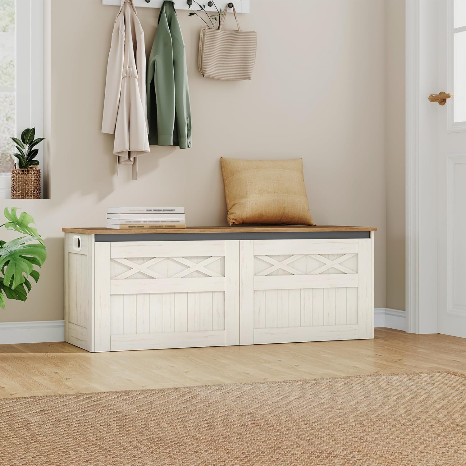 Hzuaneri 47.2" Storage Chest, Large Storage Bench with 2 Hinges, Farmhouse Wooden Box Bench, Lift-Top Organizer Chest, Wooden Bed End Bench, Suitable for Entryway, Bedroom, Retro White SB51214X