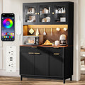 71'' Fluted Kitchen Pantry Cabinet with Power Outlet & LED Light, Food Kitchen Hutch with Countertop, Wood Pantry Storage Cabinet with a Drawer & Shelves for Living Room, Dining Room, Black