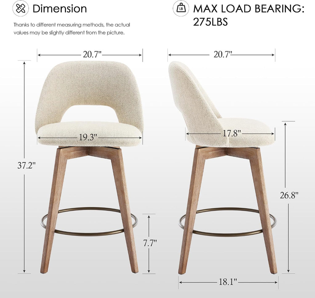 Zesthouse Swivel Bar Stools Set of 2, Wood Counter Height Chairs with Backs | 26" Wooden Bar Stools with Distressed Solid Wood Leg, Upholstered Linen Fabric Barstools, Vintage Kitchen Island Chair, Beige
