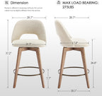 Zesthouse Swivel Bar Stools Set of 2, Wood Counter Height Chairs with Backs | 26" Wooden Bar Stools with Distressed Solid Wood Leg, Upholstered Linen Fabric Barstools, Vintage Kitchen Island Chair, Beige