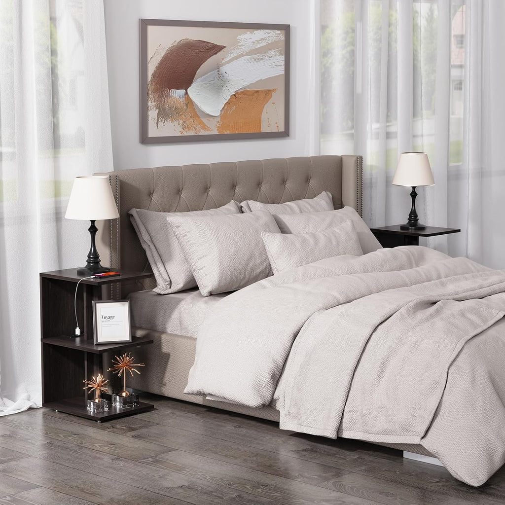 End Table, Side Table, Nightstand, USB Ports and Outlet，3-Tier Storage Shelf, Sofa Table for Small Space, Living Room, Bed Room(Brown)