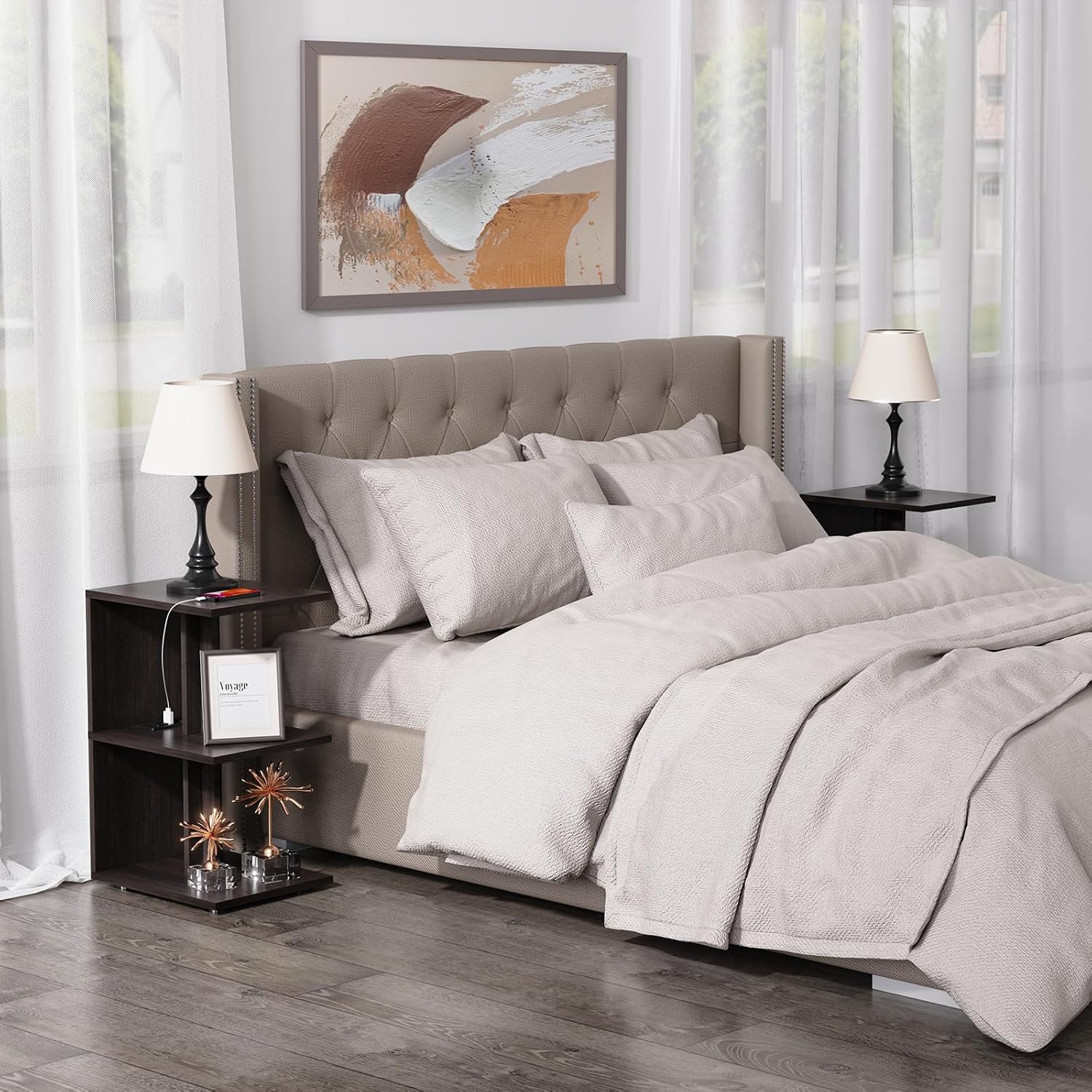 End Table, Side Table, Nightstand, USB Ports and Outlet，3-Tier Storage Shelf, Sofa Table for Small Space, Living Room, Bed Room(Brown)