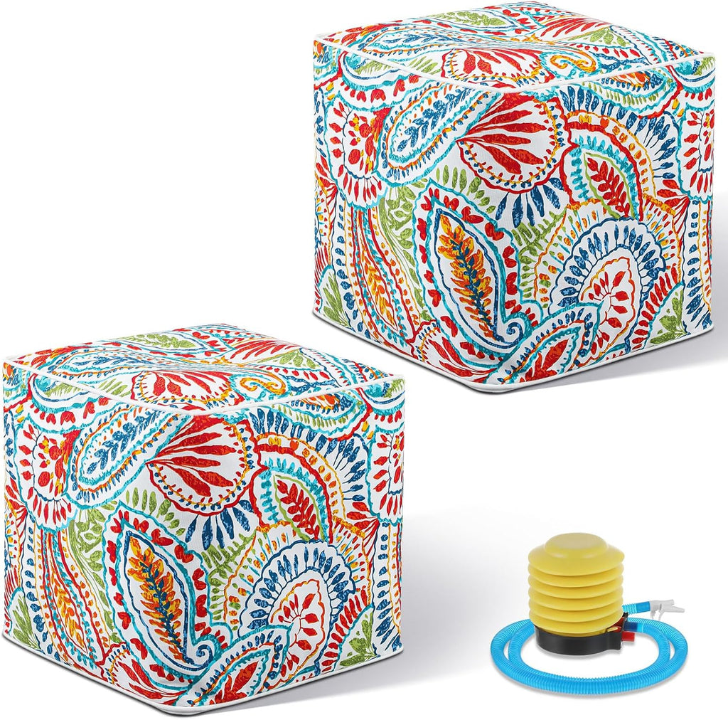 Juexica 2 Pack Inflatable Outdoor Ottoman Pouf Waterproof Cube 16" Square Blow up Ottoman Footrest with Handle Outdoor Portable Footstool for Patio Garden Camping or Home Pool(Retro,Red)