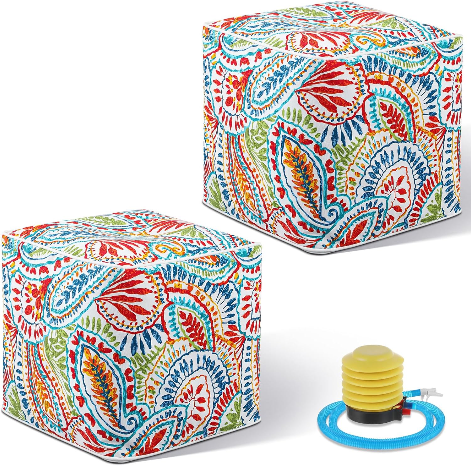 Juexica 2 Pack Inflatable Outdoor Ottoman Pouf Waterproof Cube 16" Square Blow up Ottoman Footrest with Handle Outdoor Portable Footstool for Patio Garden Camping or Home Pool(Retro,Red)